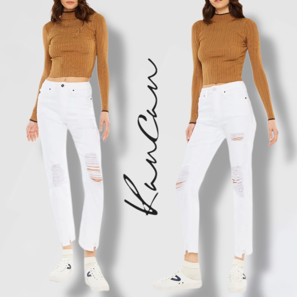 KanCan High Rise Slim Straight White Distressed Ankle Jeans #KC7350WT EUC